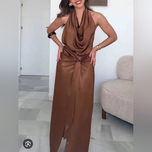 Zara Satin Effect Halter Midi Dress - Picture 11 of 12